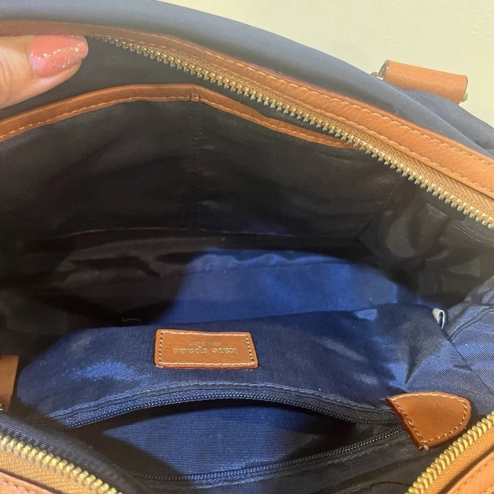 Kate Spade NY Navy Nylon Satchel Brown‎ Leather Trim Mini Bowler Top Handle Bag